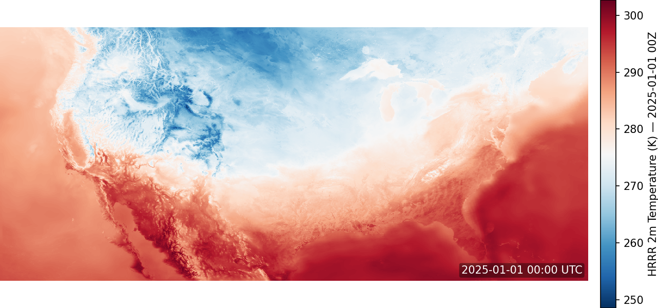 HRRR 2m Temperature heatmap over CONUS, 2025-01-01 00Z