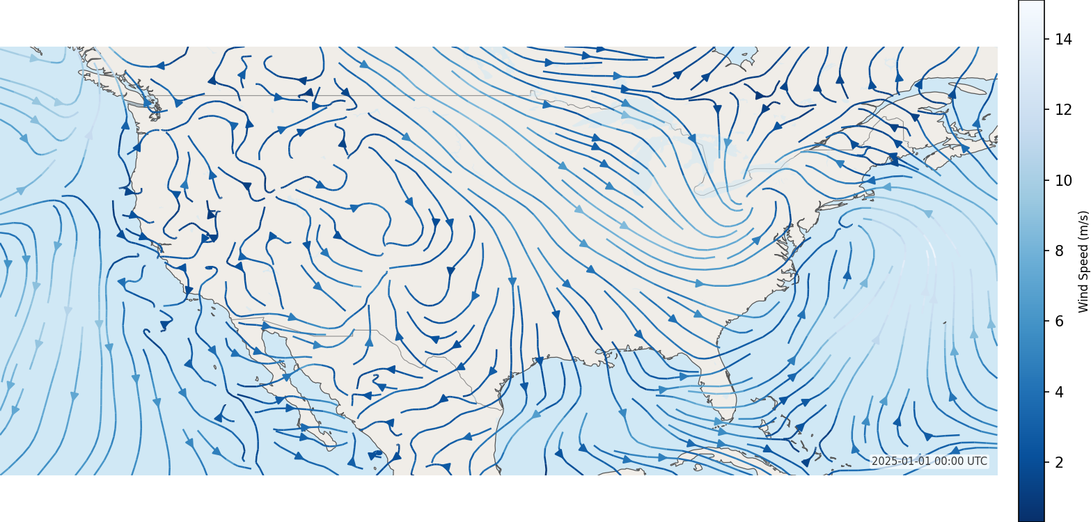 HRRR 10m wind streamlines over CONUS, 2025-01-01 00Z